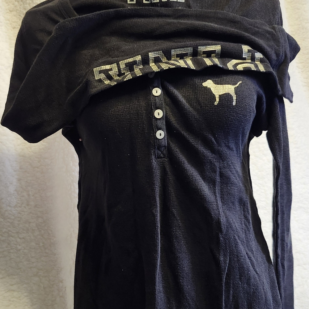 Victoria's Secret Black Long-Sleeve Henley with Cream Dog Logo - Picture 2 of 4